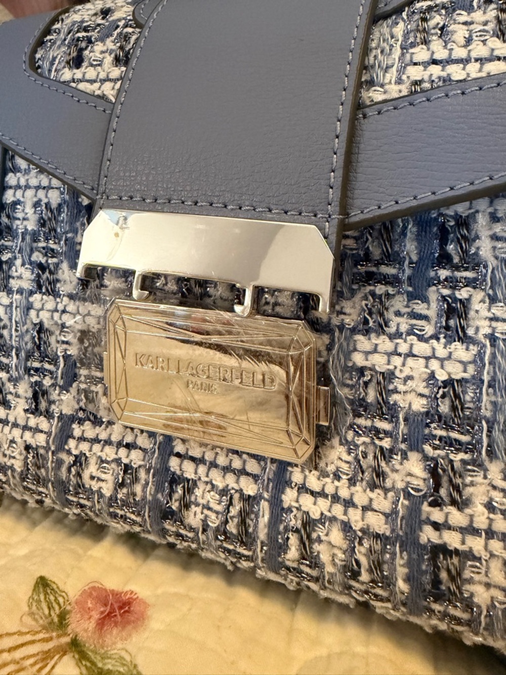 Karl Lagerfeld Light Blue Tweed Top-Handle Mini Bag. MSRP $248.00 - Picture 12 of 13